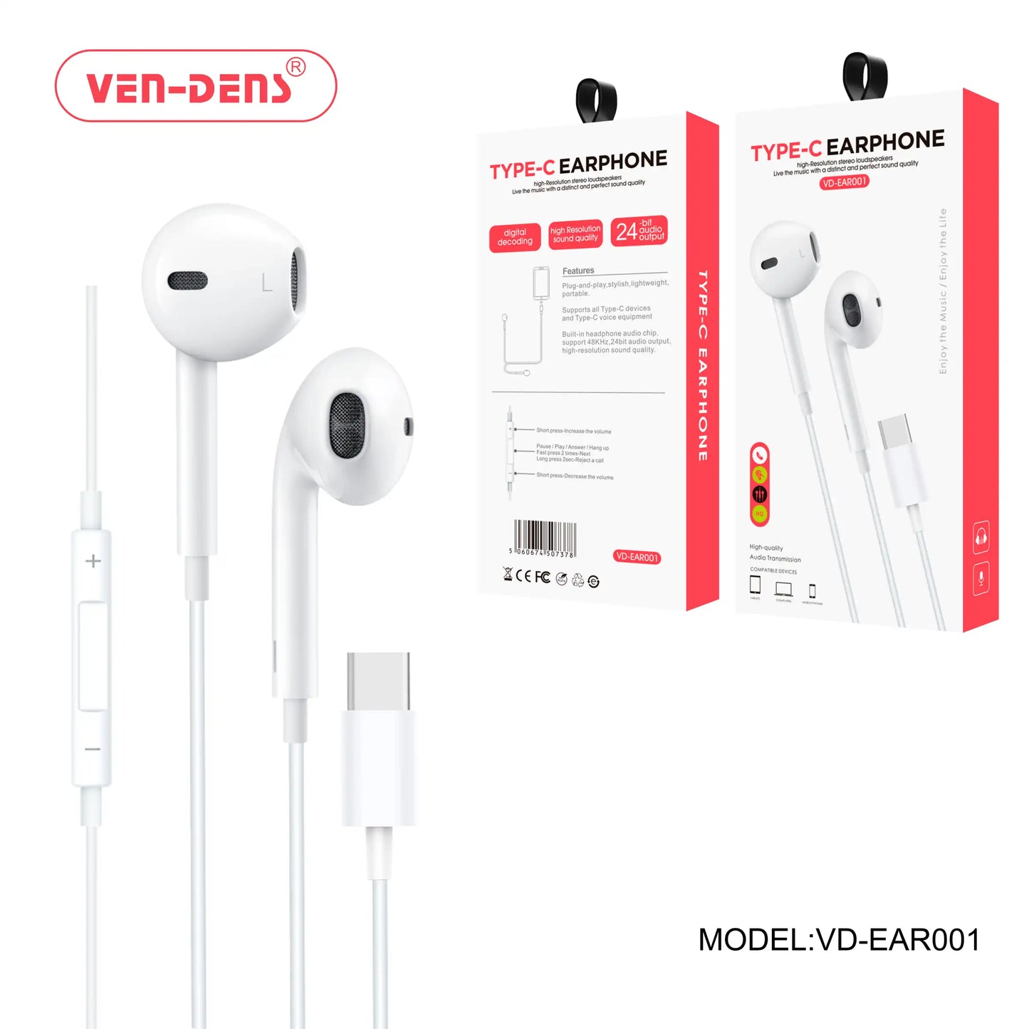 Wired USB-C Earphones With Microphone & In-Line Volume Control (EAR001)